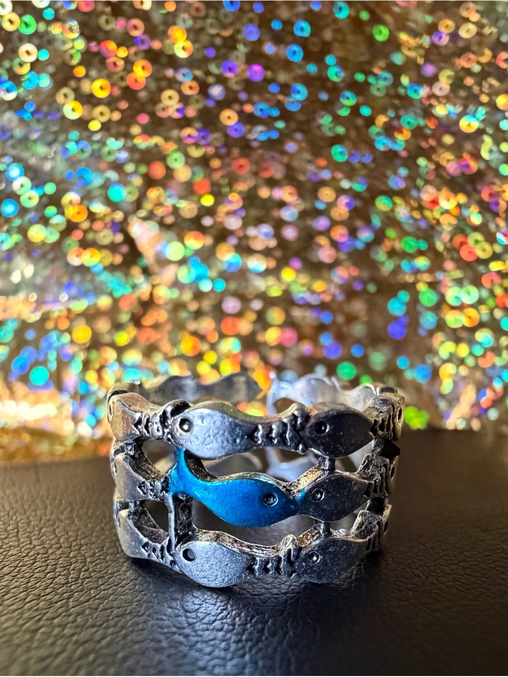 Whimsical Silver Stacked Ring: School of Fish w/Blue Fish Swimming Opposite